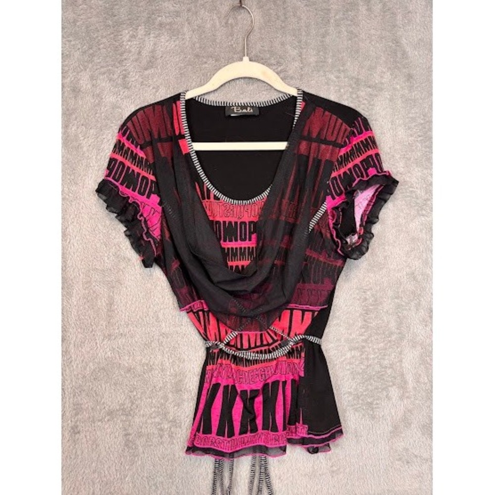 Bali Womens Graphic Mesh Layered Top Pink Black Cowl Neck Tie Waist Size M/L